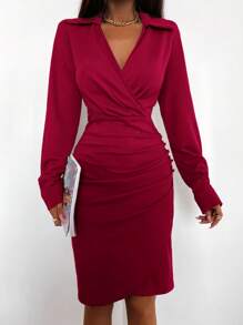 EURMUSE Women's Deep V-neck Wrap Pencil Dress With Ruched Detail - Red - View 5