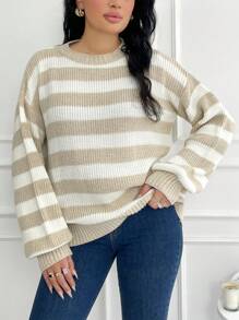 RueChic 大尺碼色塊條紋下肩毛衣套頭 - 彩色 - 查看 5