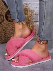 女士毛绒交叉露趾套脚家居拖鞋，防滑室内家居拖鞋，高端时尚设计，蓬松柔软 - 粉色 - 查看 3