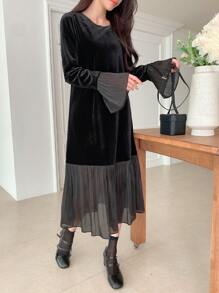 Dazy Star Ladies Mesh Spliced Velvet Dress - Black - View 4