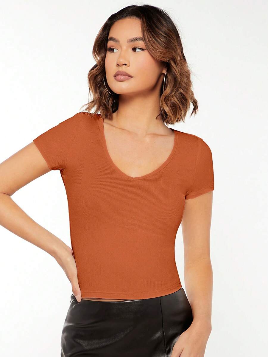 SHEIN BASICS V-neck Solid Tee - Rust Brown - View 1