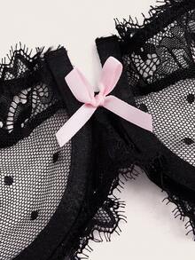 PetitDoll Lace Ruffle Trim Bra And Thong Set With Bow Decorations, Lingerie Bow Tie - Black - View 7