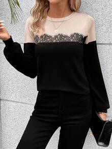 SHEIN Frenchy 撞色蕾絲拼接套頭毛衣 - 彩色 - 查看 5