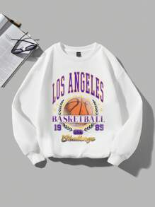 SHEIN Coolane Hơn Đồ họa chữ cái & bóng rổ Lót nhiệt Áo chui đầu - trắng - Xem 1