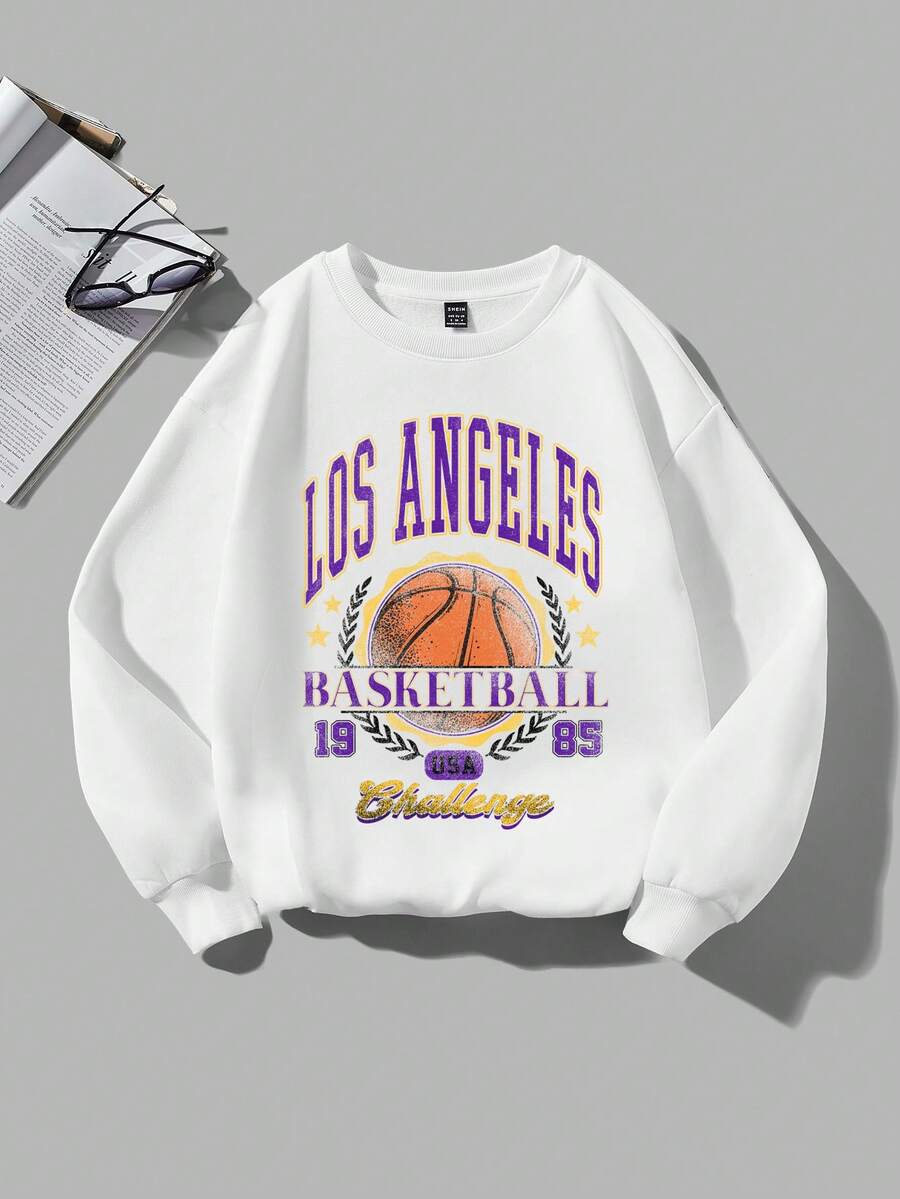 SHEIN Coolane Hơn Đồ họa chữ cái & bóng rổ Lót nhiệt Áo chui đầu - trắng - Xem 1