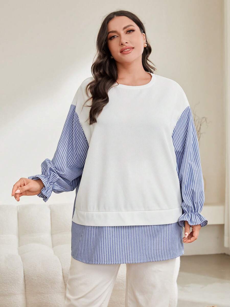 Mulvari Plus Striped Print Flounce Sleeve 2 In 1 Top