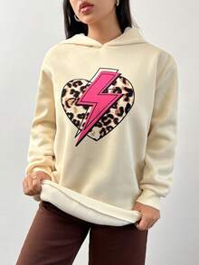 SHEIN EZwear Leopard & Lightning Print Drop Shoulder Hoodie - Beige - View 4