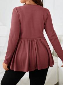 SHEIN LUNE Hơn Lá sen tỉa Nút phía trước Xoay eo Áo thun - Gỗ đỏ - Xem 2