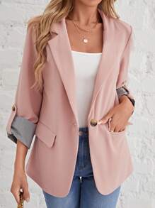 SHEIN LUNE 捲邊袖單釦西裝外套 - 藕粉色 - 查看 5