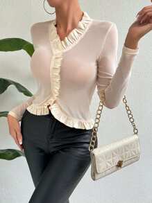 Chiquease Ruffle Trim Sheer Mesh Top - Apricot - View 6