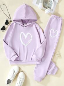 SHEIN Tween Girl Heart Print Hoodie & Sweatpants - Purple - View 1