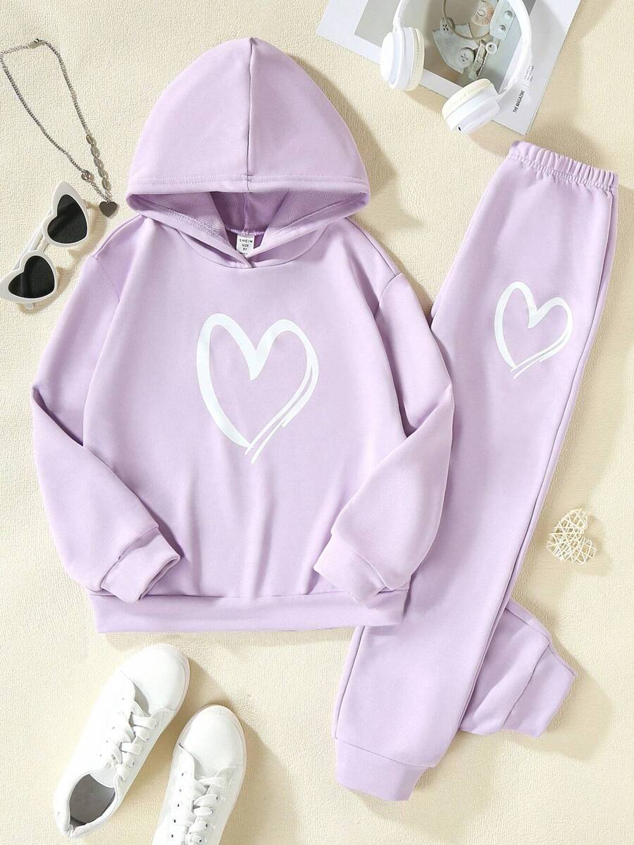 SHEIN Tween Girl Heart Print Hoodie & Sweatpants - Purple - View 1