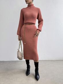 SHEIN Essnce High Neck Woolen Dress With Dropped Shoulder Sleeves - Dusty Pink - View 6