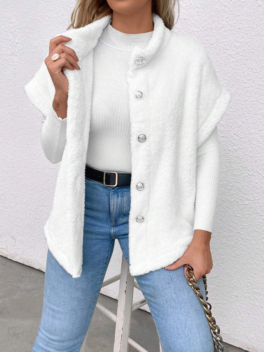 SHEIN LUNE Plus 1pc Batwing Sleeve Button Front Teddy Coat - White - View 1