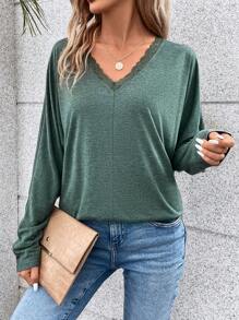 SHEIN Frenchy Viền Lace tương phản tay cánh Áo thun - màu xanh lá - Xem 3