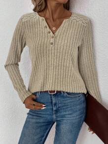 蕾絲拼接前紐扣條紋針織T恤 - 杏色 - 查看 1