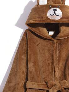 SHEIN 男童小熊刺繡抓絨連帽休閒家居服 - 卡其色 - 查看 5