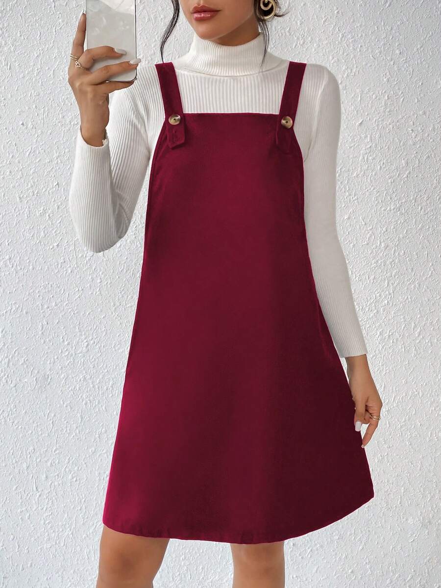 SHEIN Essnce 素色背帶洋裝無毛衣 - 酒紅色 - 查看 1