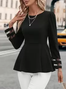 Editum 網紗拼接荷葉邊下擺T恤