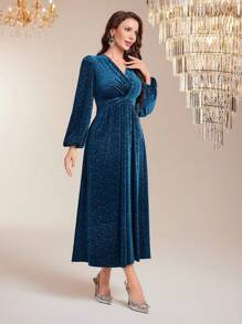 Modelyn 花朵提花絨面燈籠袖連衣裙 - 藍色 - 查看 4