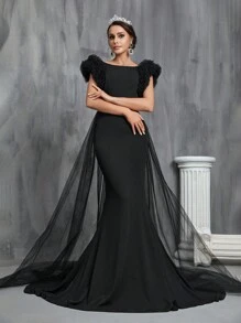 Ruffle Trim Floor Length Wedding Dress - Black - View 6