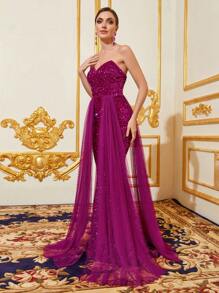 Contrast Sequin Mesh Panel Tube Formal Dress - Hot Pink - View 6