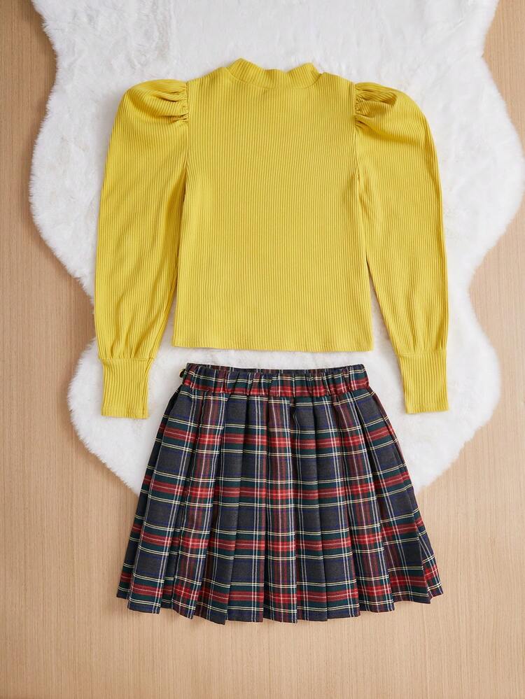 Tween Girls' Knitted Solid Color Textured Leg Of Mutton Sleeve Stand Collar Top & Plaid Skirt Set