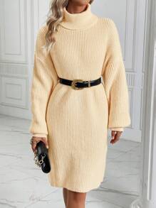 SHEIN Clasi Turtleneck Drop Shoulder Sweater Dress Without Belt - Apricot - View 6