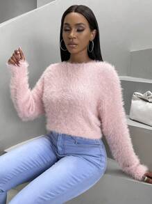 SHEIN Slayr Chất rắn Thả vai Đan mềm mại Áo len - Hồng - Xem 6