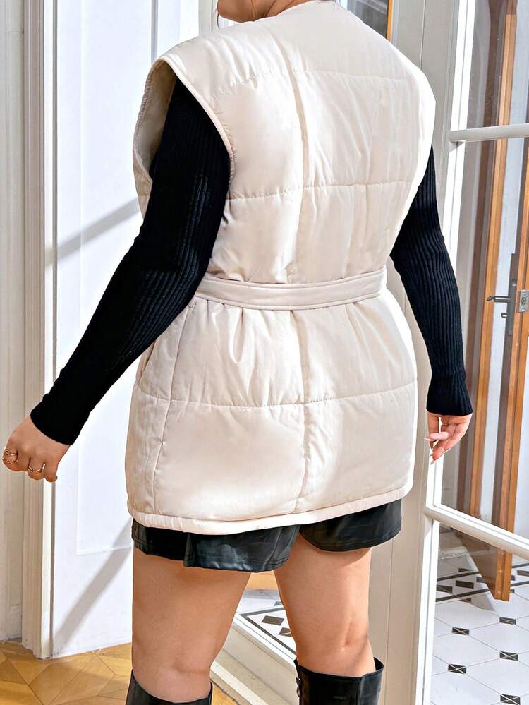 Plus Size Women's Zipper Belt Decorated Vest Winter Jacket