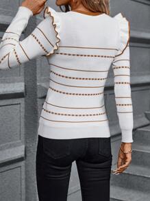 SHEIN Clasi Striped Pattern Ruffle Trim Sweater,Long Sleeve Tops In Fall/Winter - White - View 2