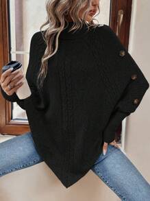 EMERY ROSE 高领蝙蝠袖纽扣细节斗篷毛衣，长袖上衣 - 黑色 - 查看 5