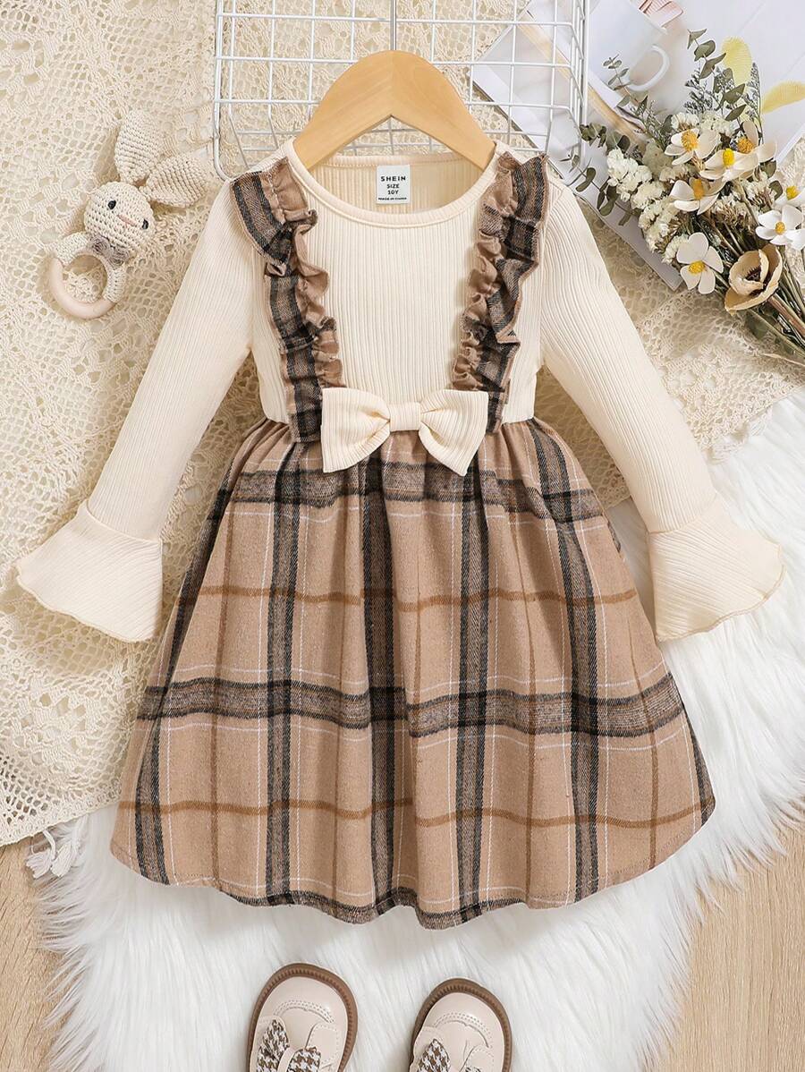 SHEIN Cô gái Tween In kẻ sọc Viền Ruffle tay áo lá sen Nơ mặt trước Váy 2 trong 1 - Nhiều màu - Xem 1