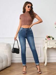 SHEIN Privé damer Mager Jeans - Mörktvätt - Visa 5