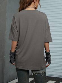 ROMWE Grunge Punk Áo thun tay ngắn in hình nhân vật hoạt hình Nhật Bản dành cho nữ, Trường học, Unisex - Xám - Xem 2