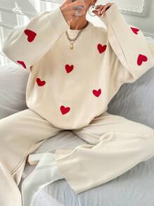 EURMUSE Heart Pattern Drop Shoulder Sweater & Knit Pants - White - View 5