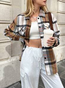 SHEIN EZwear In kẻ sọc Thả vai Túi có nắp Áo khoác - Nhiều màu - Xem 3
