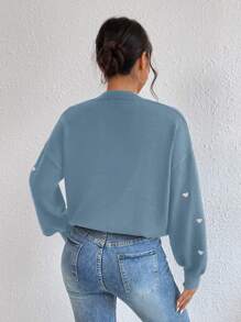 EURMUSE Heart Pattern Drop Shoulder V Neck Sweater - Blue - View 1