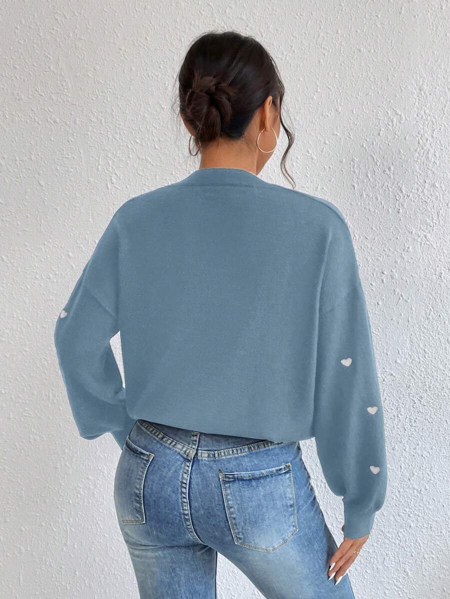 EURMUSE Heart Pattern Drop Shoulder V Neck Sweater - Blue - View 1