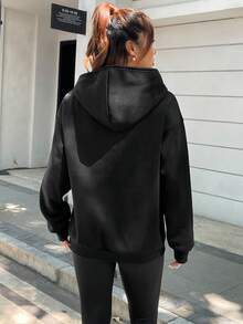 SHEIN Unity Women's Casual Slogan Print Thermal Lined Hoodie, Autumn & Winter - Black - View 2