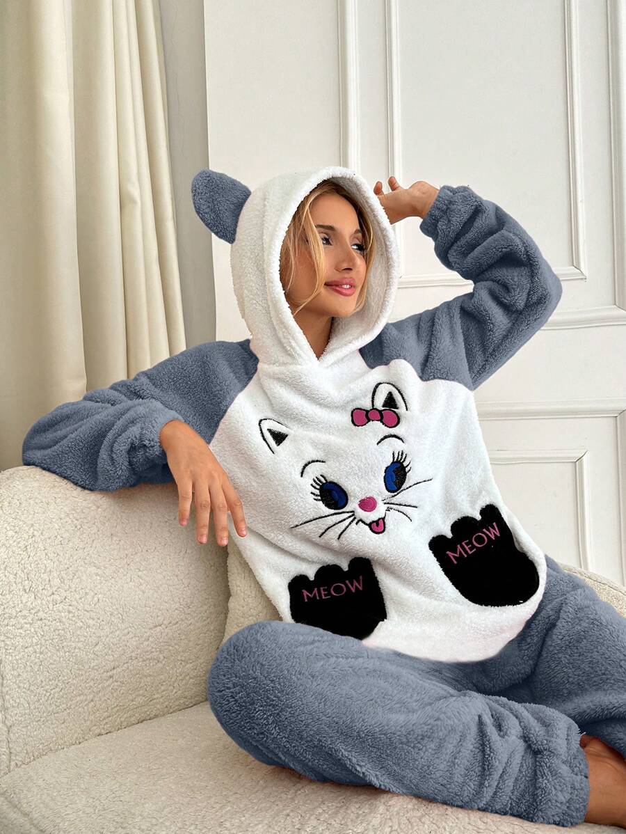 SHEIN Cottnline Cartoon Embroidery Raglan Sleeve 3D Ears Design Hooded Flannel PJ Set - Blue - View 1