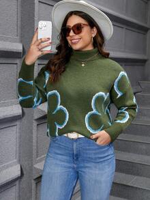 Flirla 休閒花卉印花大碼套頭毛衣 - 綠色 - 查看 4