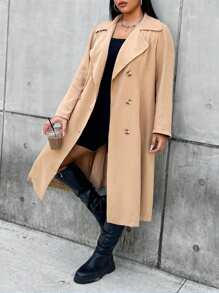 Flirla Hơn Đôi ngực Thắt lưng Áo khoác Trench - Màu Khaki - Xem 6