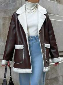 SHEIN Cottnline Dual Pocket Drop Shoulder Teddy Lined Coat - Brown - View 3