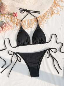 三角杯領口比基尼套裝 - 黑色 - 查看 1