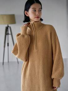 FRIFUL Half Zip Drop Shoulder Sweater Dress - Khaki - View 6
