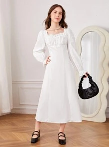 SHEIN Thiếu niên cô gái Cổ Trái tim tay áo lá sen Nếp gấp Phần Ngực Đầm - trắng - Xem 1