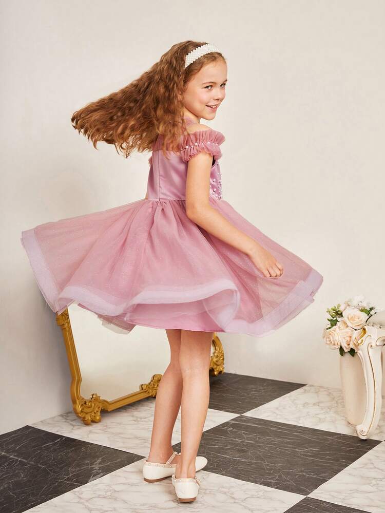 Tween Girls' Woven Solid Color Tulle Dress With Beaded Detailing