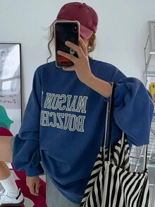 DAZY Letter Print Drop Shoulder Sweatshirt - Royal Blue - View 3