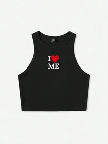SHEIN EZwear Top tank con estampado de corazón y slogan - Negro - Ver 3